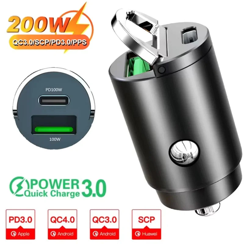 100W/200W QC3.0 PD Mini Car Charger - 12-24V Fast Charging