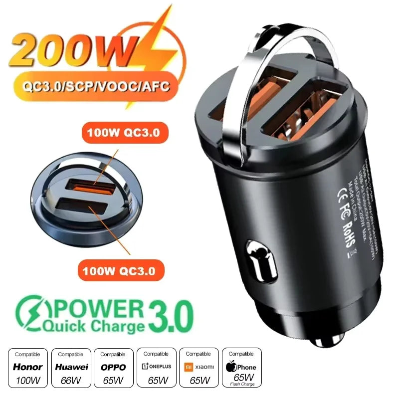 100W/200W QC3.0 PD Mini Car Charger - 12-24V Fast Charging