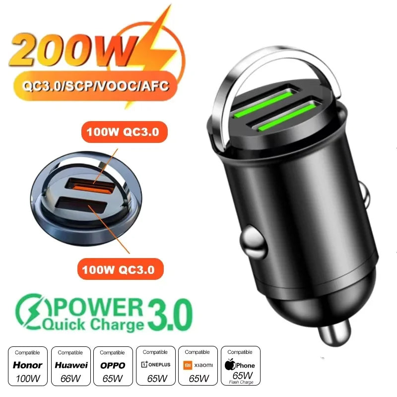 100W/200W QC3.0 PD Mini Car Charger - 12-24V Fast Charging