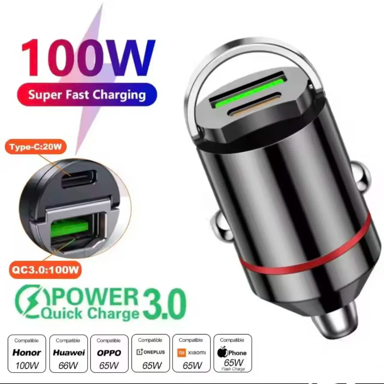100W/200W QC3.0 PD Mini Car Charger - 12-24V Fast Charging