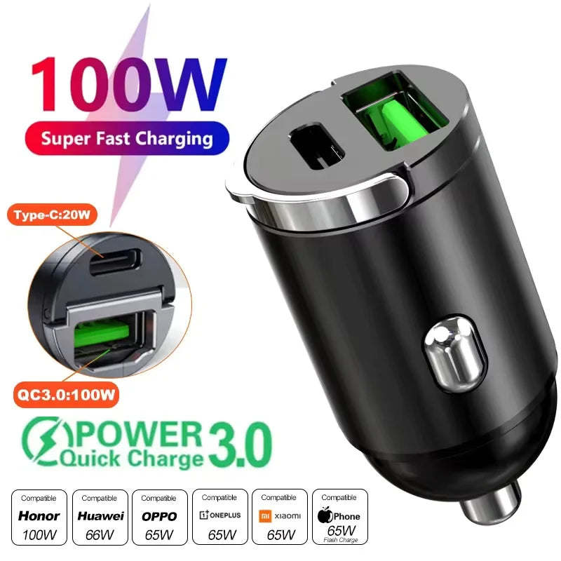 100W/200W QC3.0 PD Mini Car Charger - 12-24V Fast Charging
