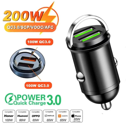 100W/200W QC3.0 PD Mini Car Charger  - 12-24V Fast Charging