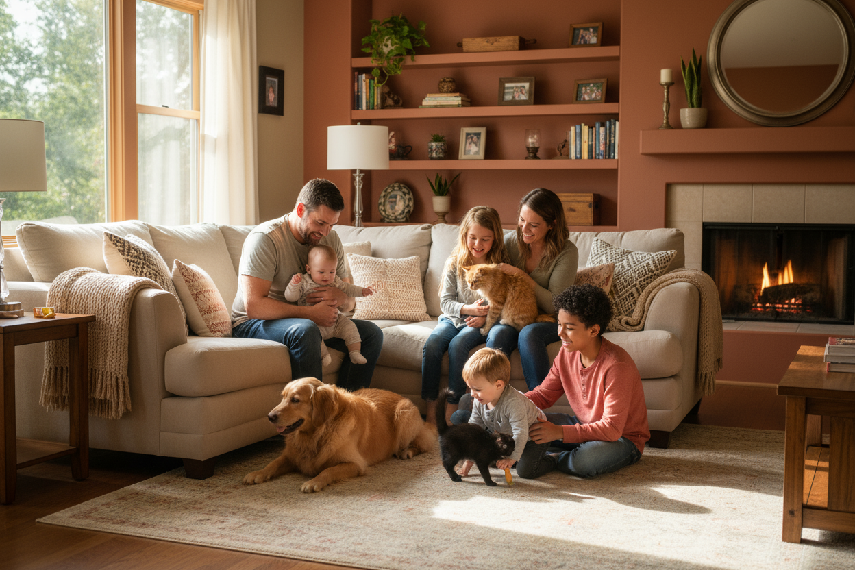 COLLECTION OF FAMILY WITH KIDS BABY PETS IN HOME